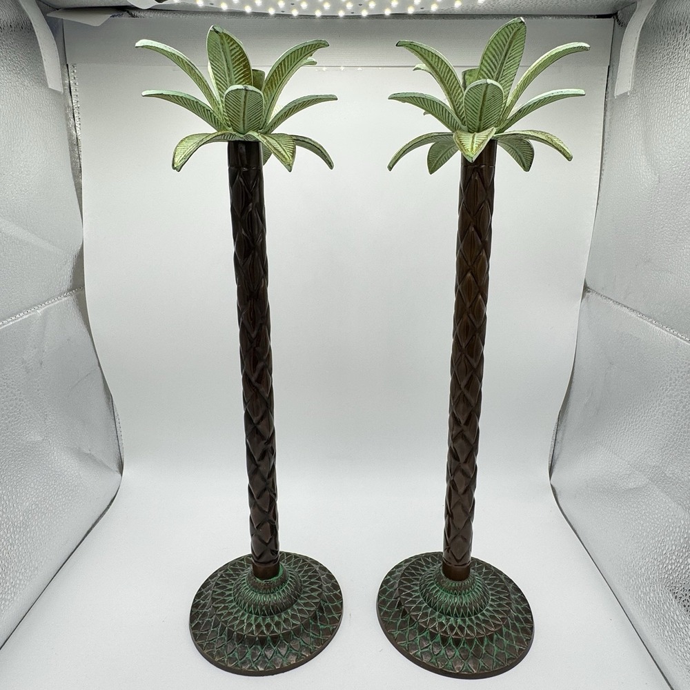 Set‎ of 2 Metal Palm Trees 17"-18" Candlestick Holders Mediterranean Tropical